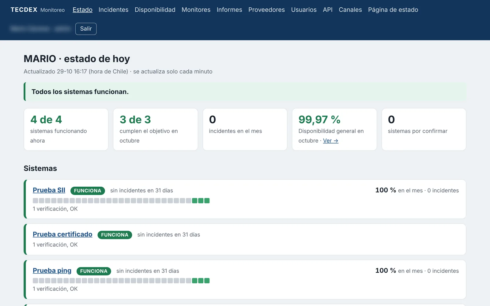 Panel de Monitoreo TECDEX con el estado en vivo de varios sitios, uno de ellos en advertencia