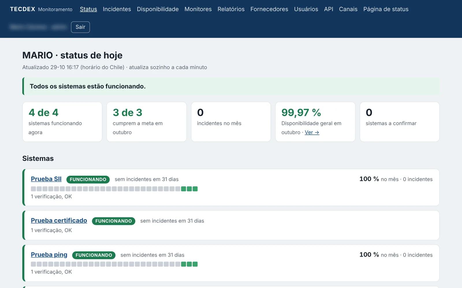 Painel do Monitoreo TECDEX com o status ao vivo de vários sites, um deles em alerta
